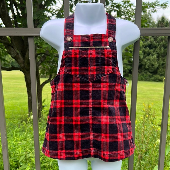 NWT Oshkosh Red & Black Plaid Velvet Overall Vestbak Jumper Dress Size 24M - Picture 1 of 11